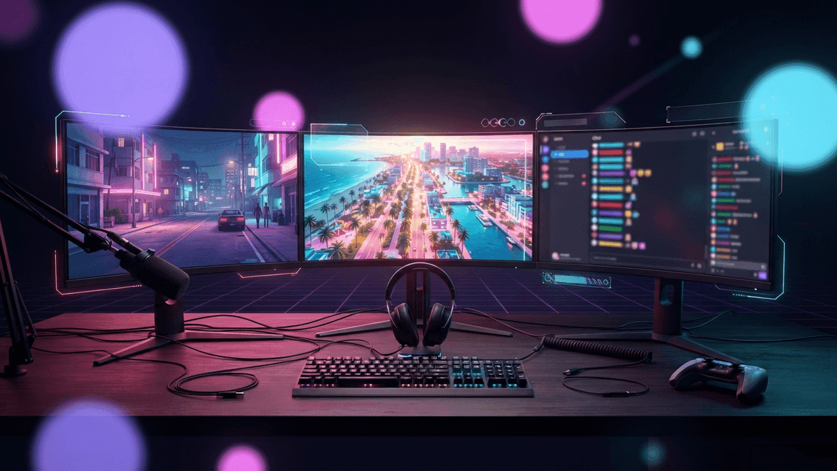 A GTA RP streamer's multi-monitor setup with GTA 6's Vice City map in the background, symbolizing the transition between FiveM and the future of roleplay.