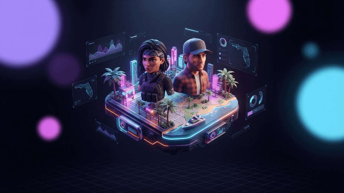 Lucia and Jason, GTA 6's two playable protagonists, in the fictional state of Leonida, seen through the eyes of a streamer planning their next clips.