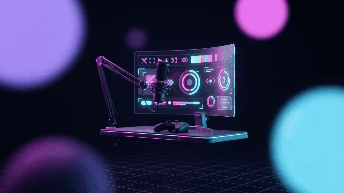 A streamer's desk at night, mic and controller in front of a screen showing a countdown to GTA 6's release, lit in Vice City's pink and blue neon.