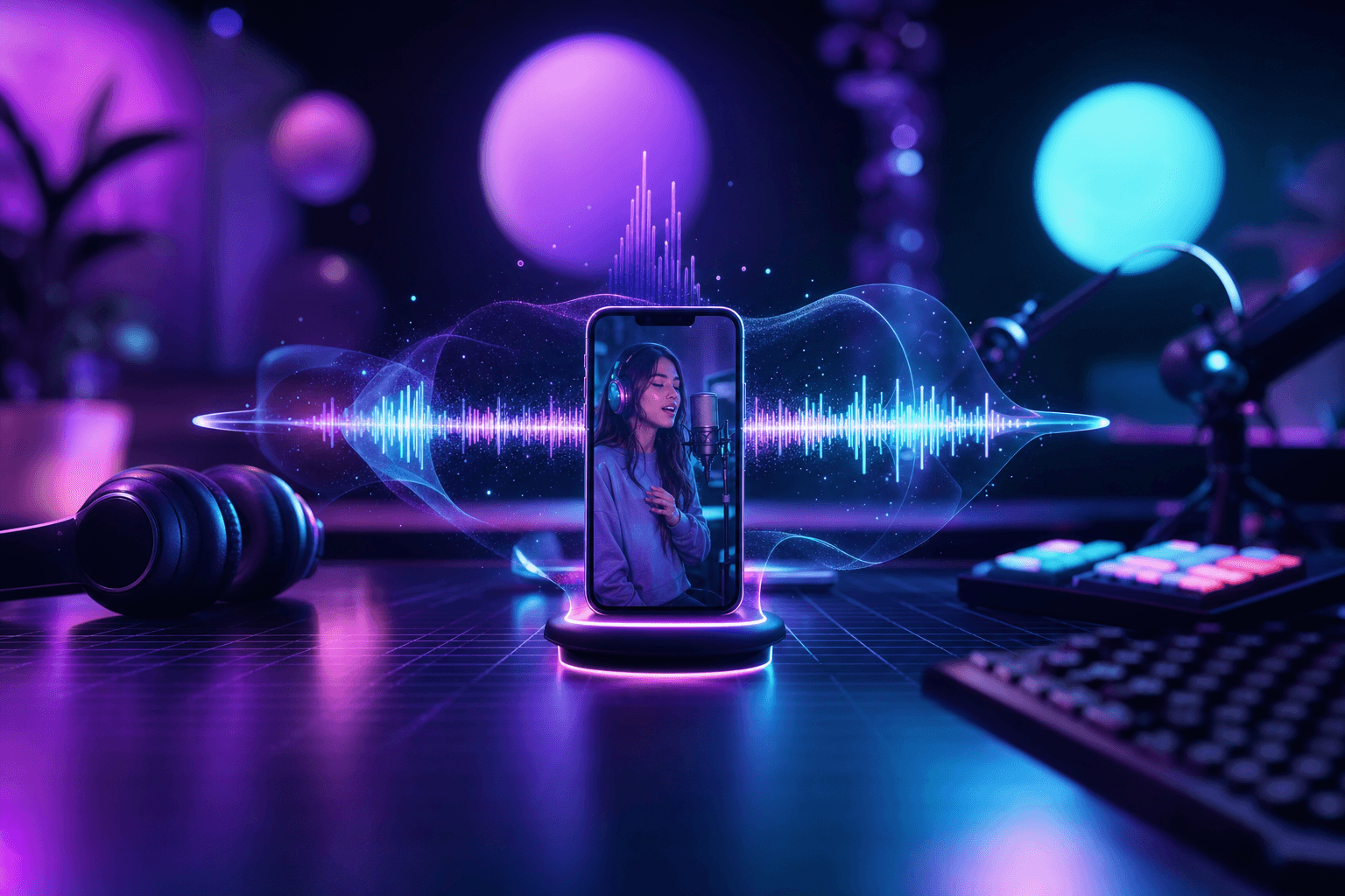 Streamer at their setup editing a video clip with an audio timeline on screen