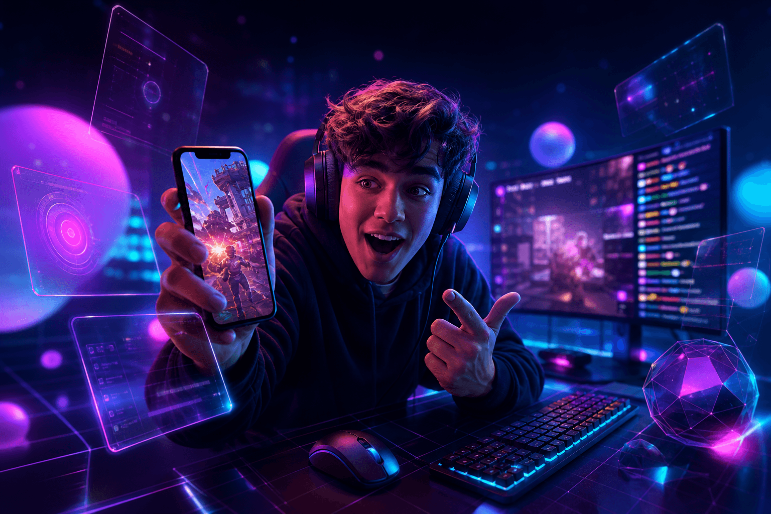 A streamer at their gaming setup, with a phone showing a vertical clip, in a red and purple glow