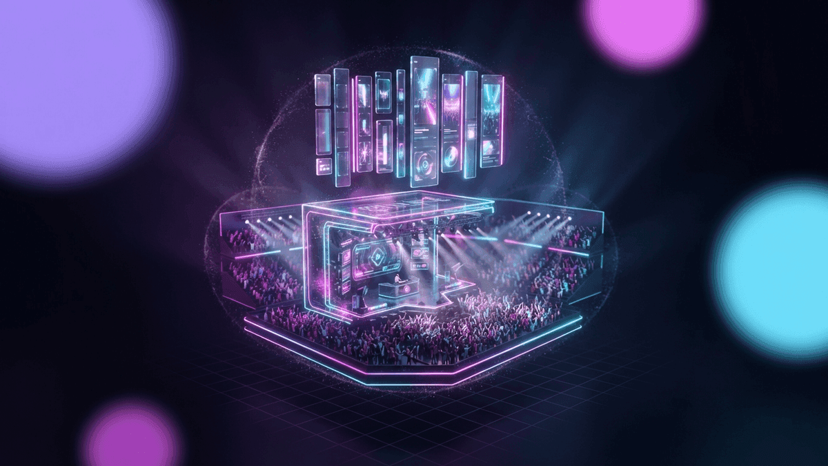 The ZEvent opening concert stage, spotlights on a packed arena, with vertical clips ready to go out.