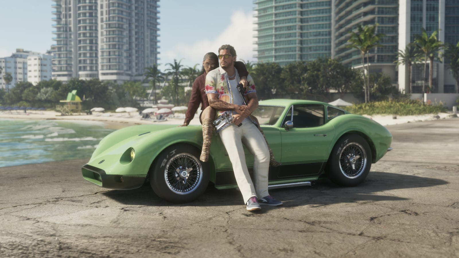 An official GTA 6 screenshot on the Vice City waterfront: the level of detail GTA V RP won't match for a long while.