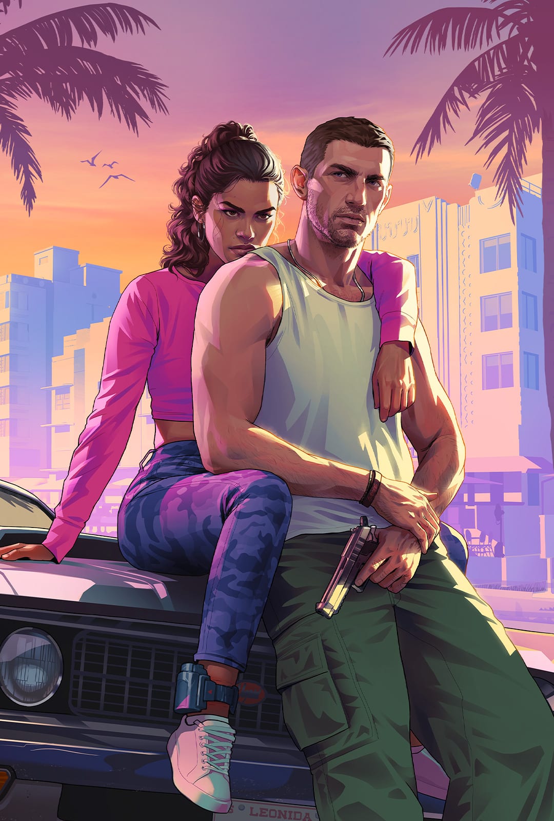 Lucia on the hood of a car, Jason gun in hand beside her, at sunset over Vice City.
