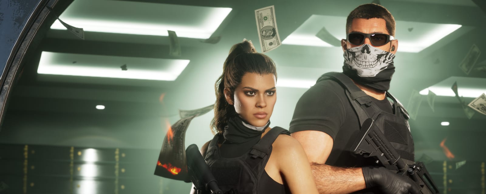 Lucia and Jason, bulletproof vests on, guns drawn, in a vault room with cash flying around them.