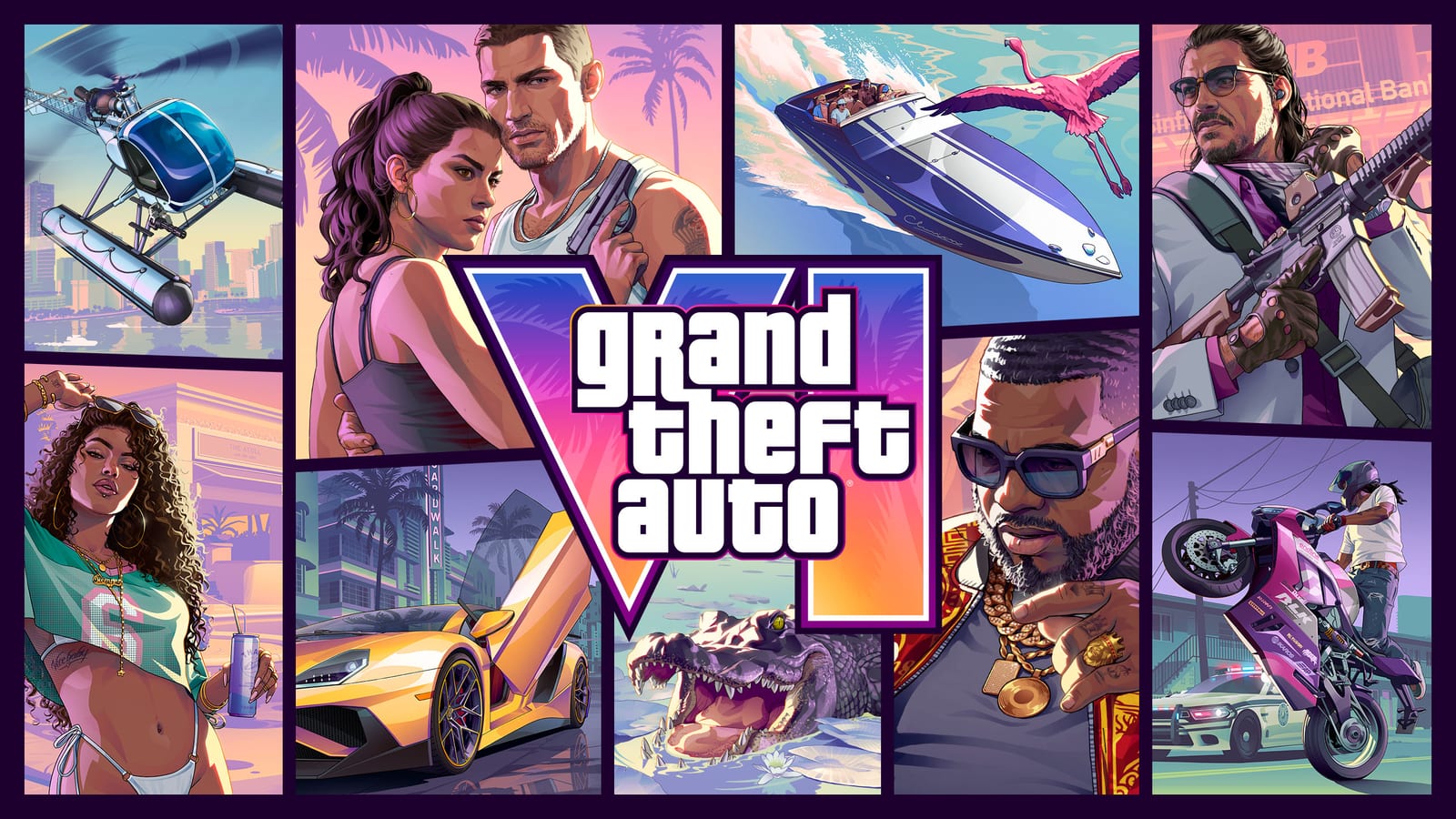 A stylized mosaic-style poster bringing together scenes from across Leonida around the official GTA VI logo.