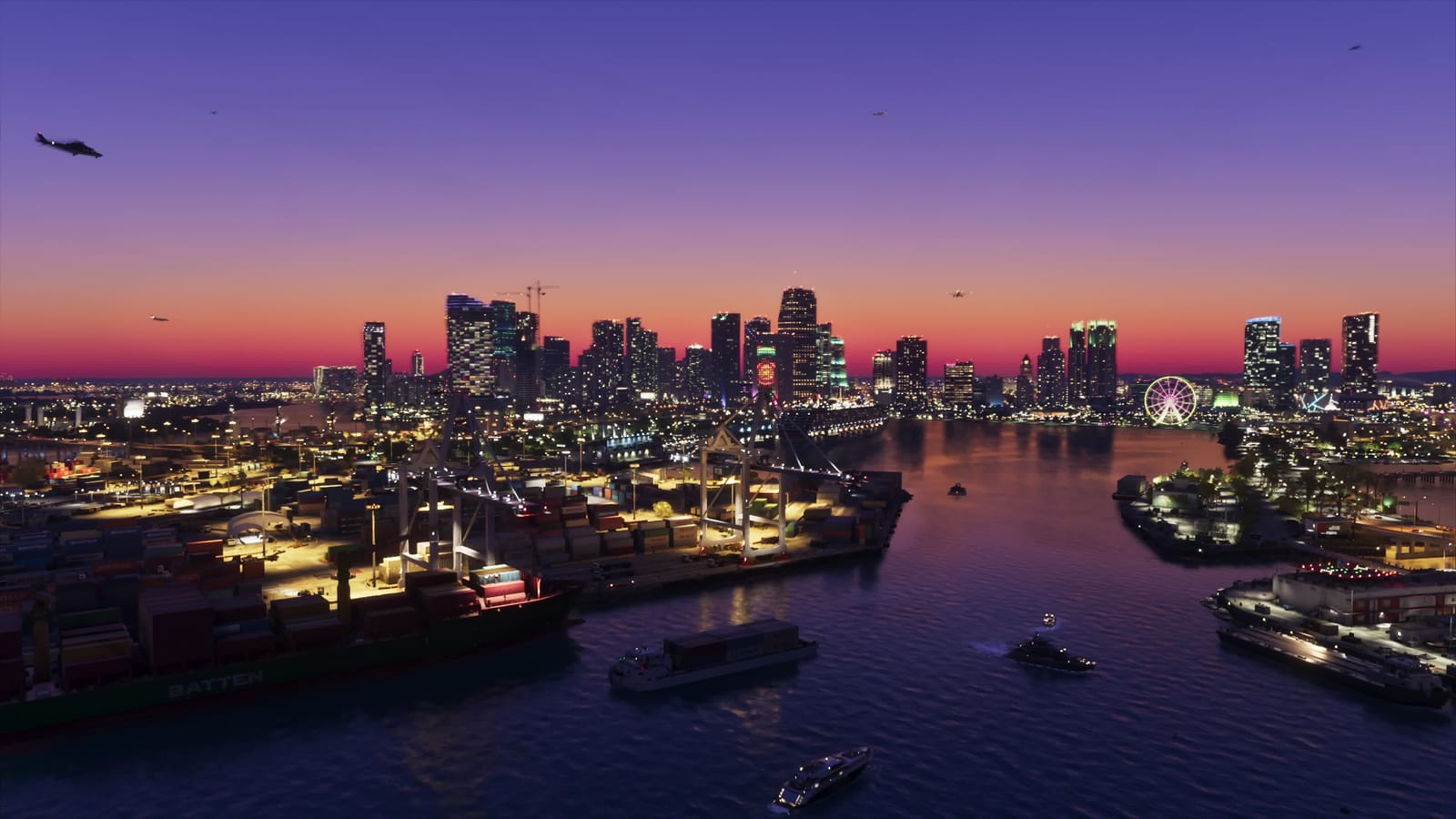 Vice City's skyline at dusk, an official aerial shot of Leonida's port and Ferris wheel.